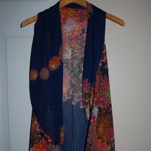 FLOWER BLUE SHAWL LONG ASYMMETRICAL VEST